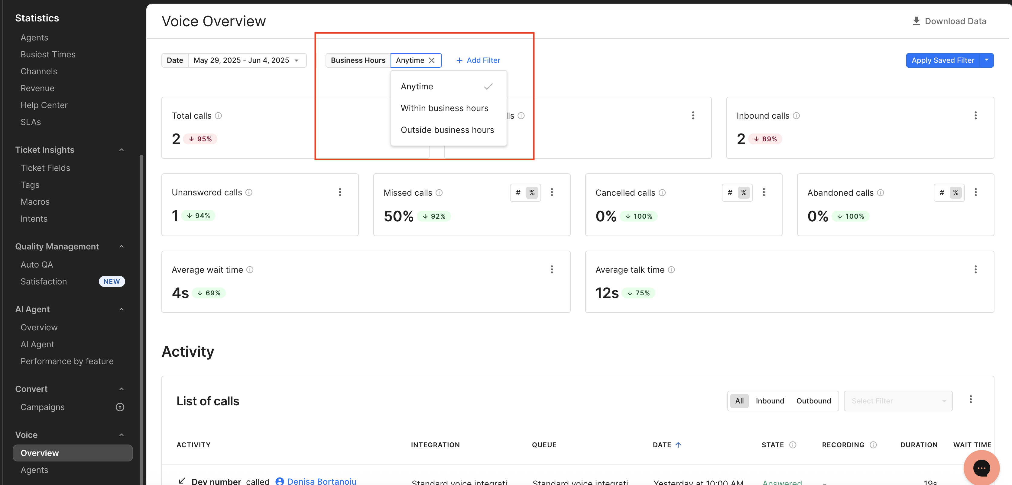 Filter Voice statistics by business hours