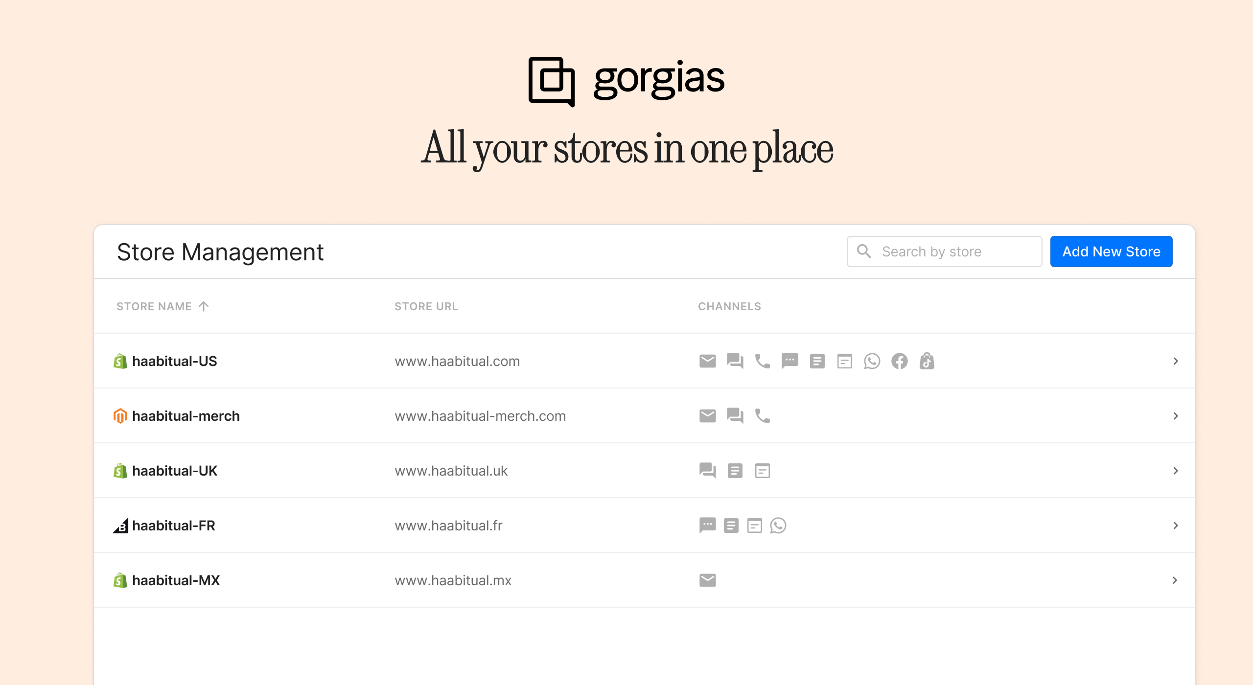 Manage every store’s channels and integrations from one central hub