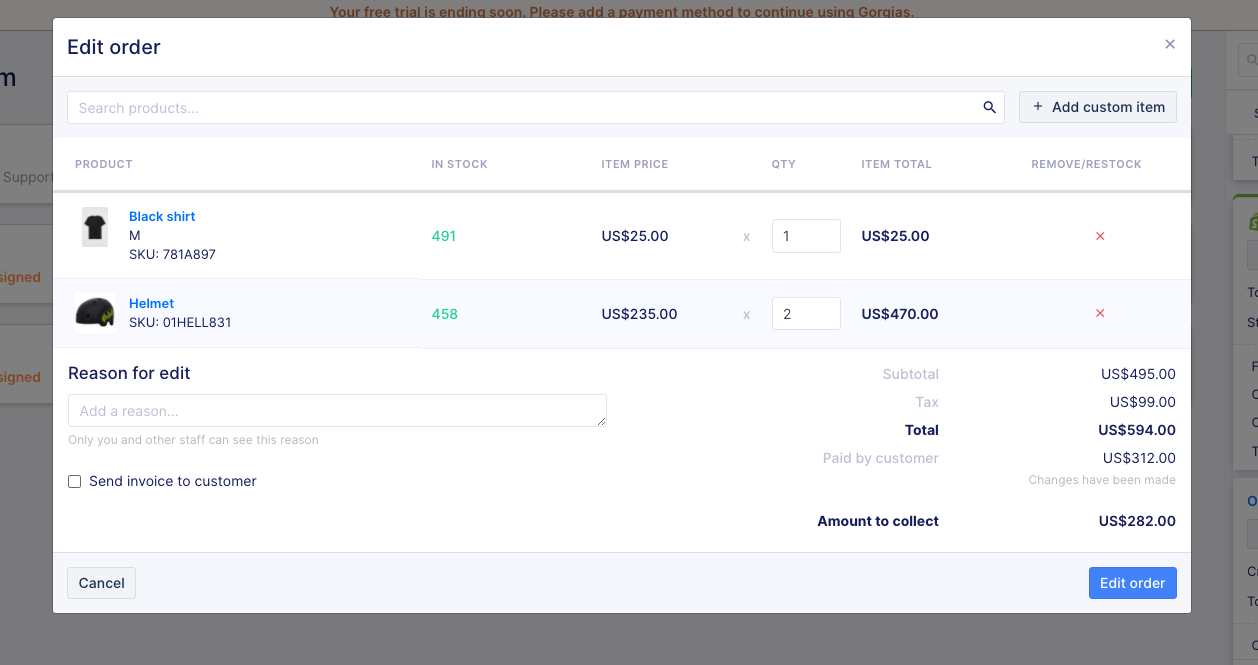 Editing Shopify orders in Gorgias tickets