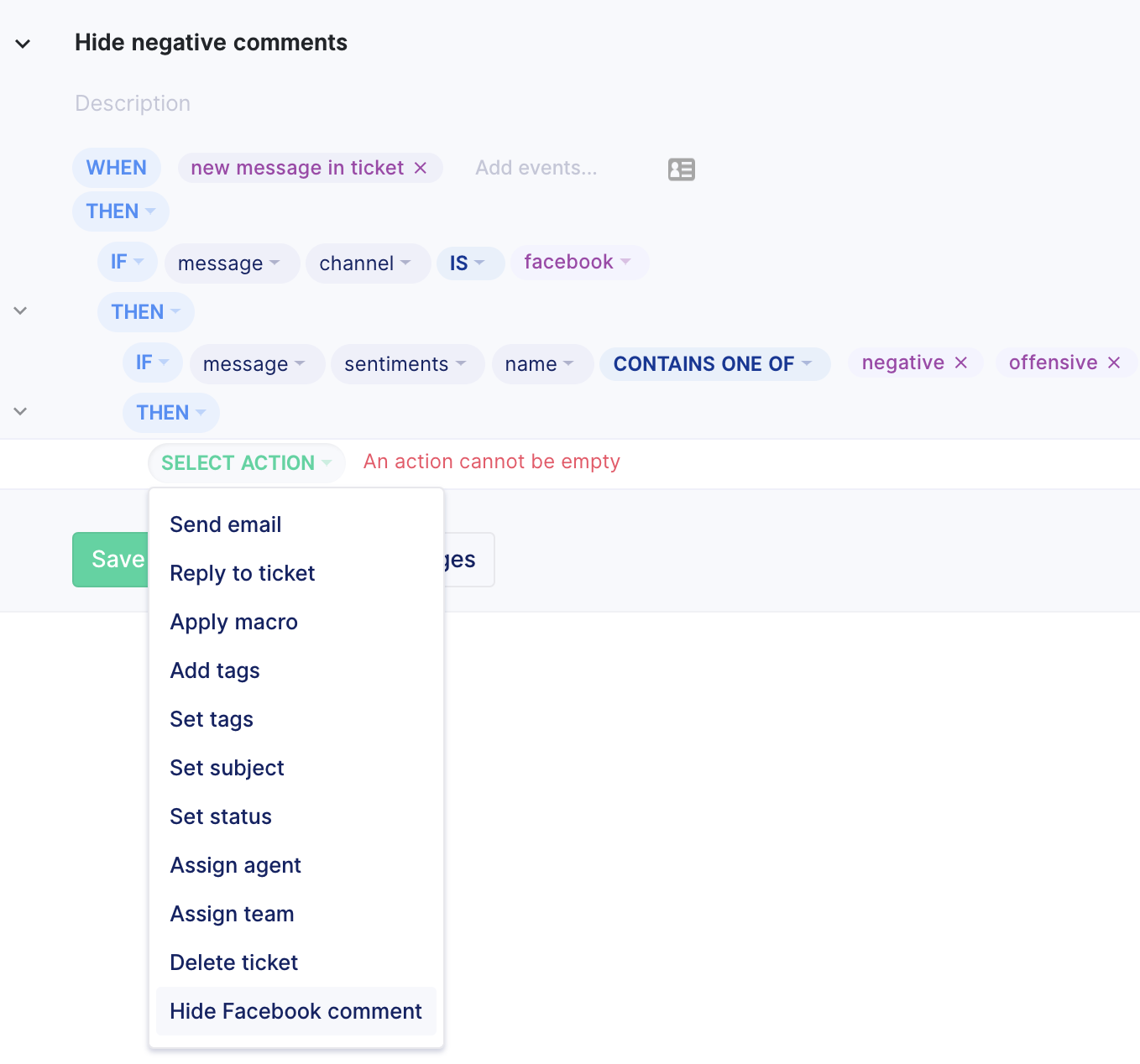 New action in rules: Hide Facebook comment