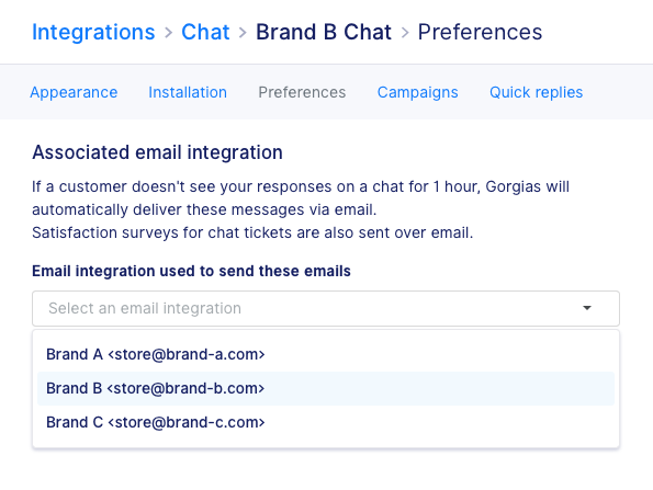 Multi-brand: Link email integrations to chat integrations