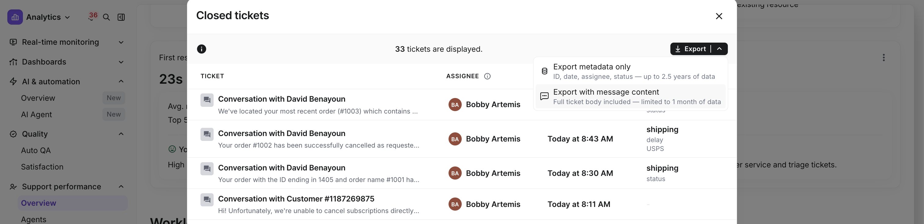 Export ticket message content from reporting drill-downs
