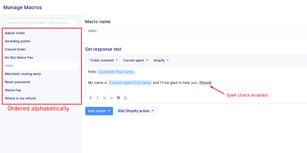 Manage macros spell checking and ordering