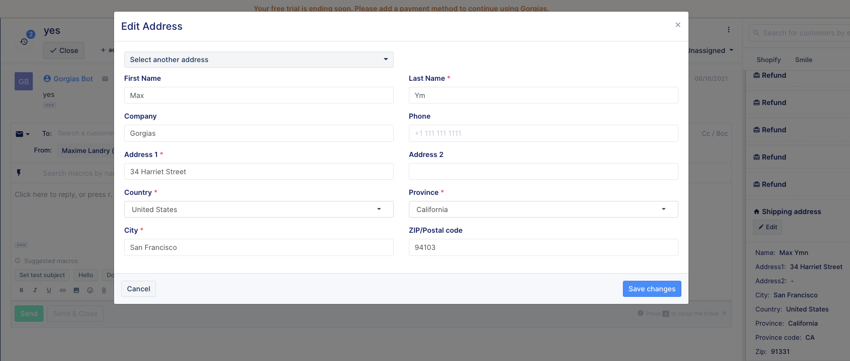 Editing Shopify shipping address in Gorgias tickets