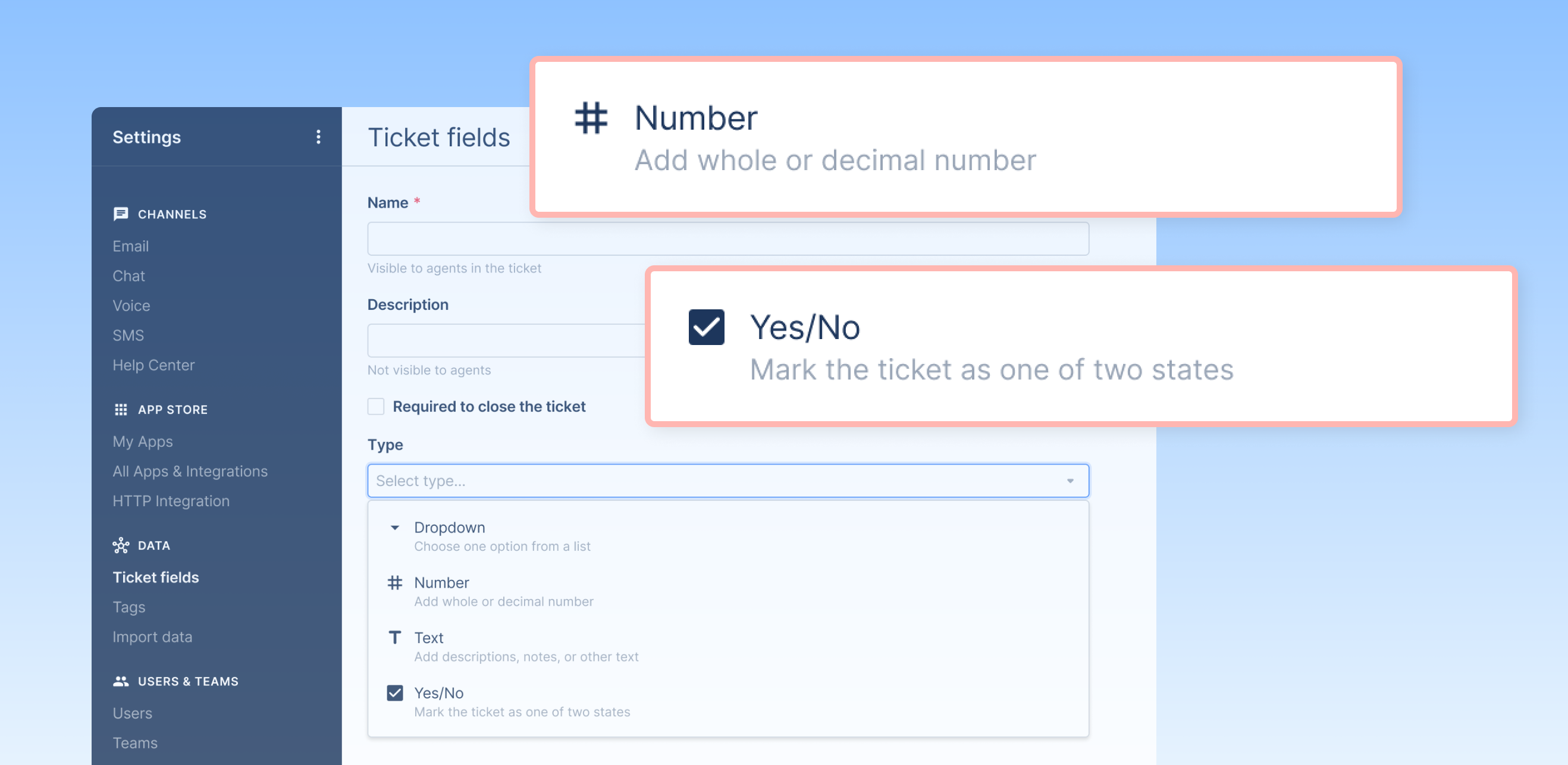 New ticket fields types: Number and Yes/No