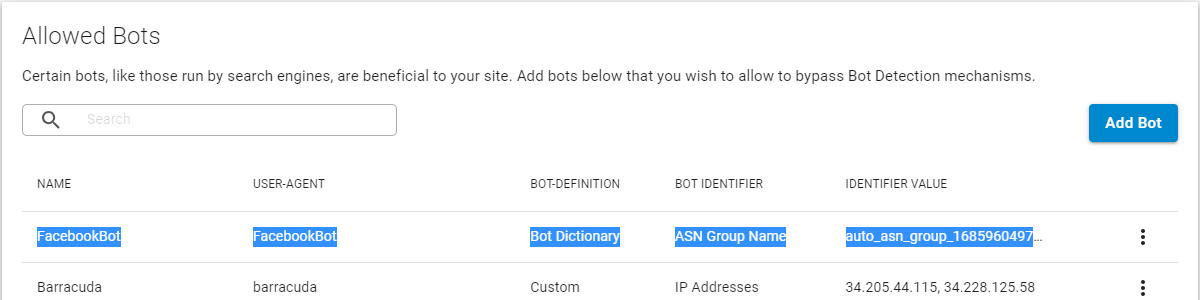 Allowed Bots table showing the FacebookBot as an example