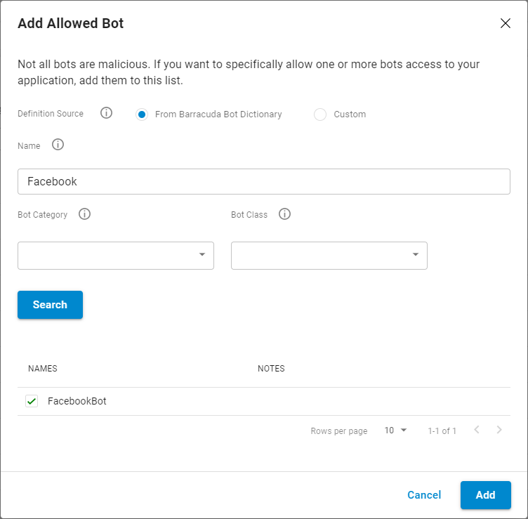 Add Allow Bot dialogue box showing the FacebookBot as an example