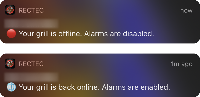 Grill online/offline alarm notifications