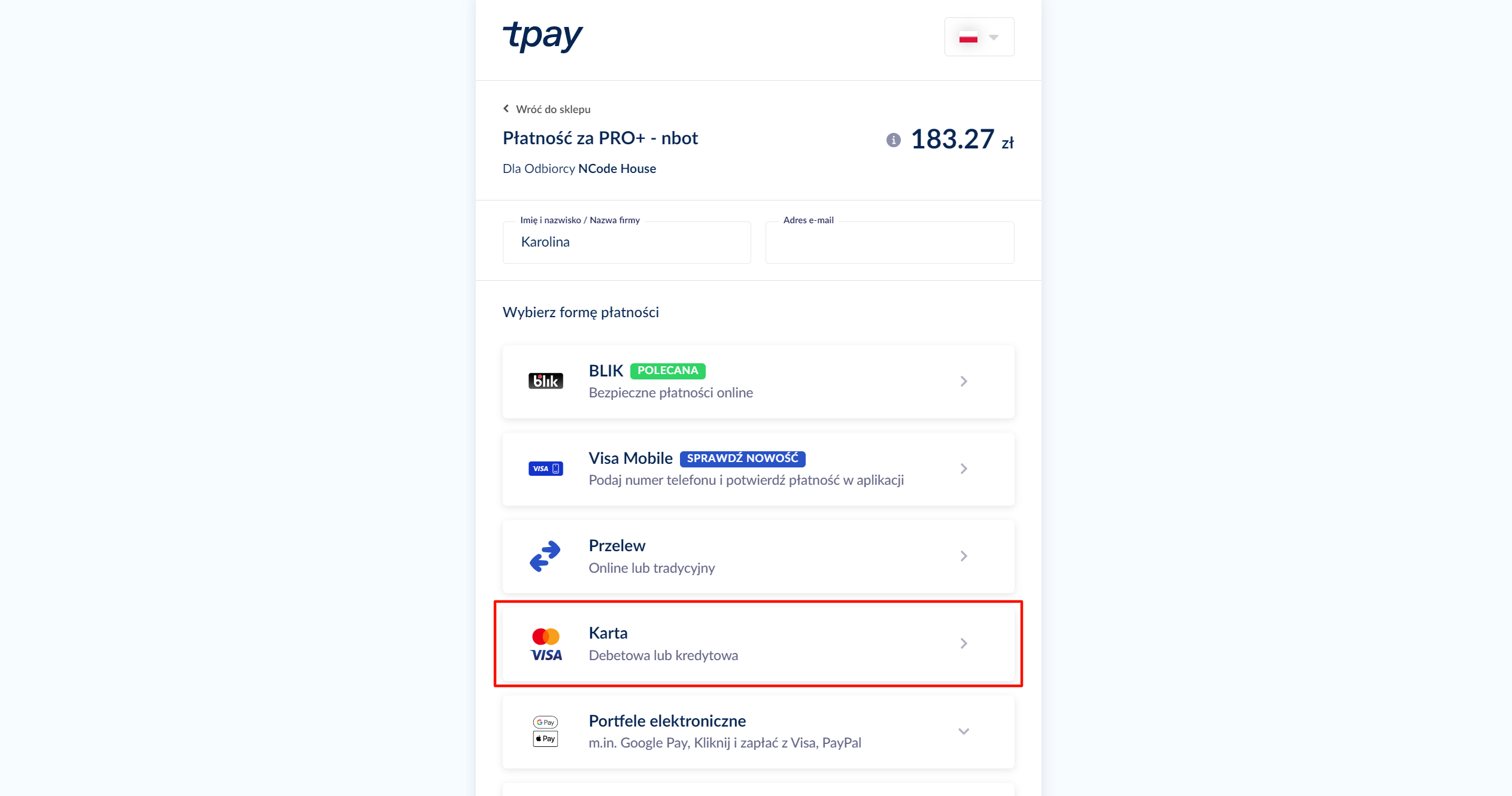 Możliwość płatności kartą płatniczą