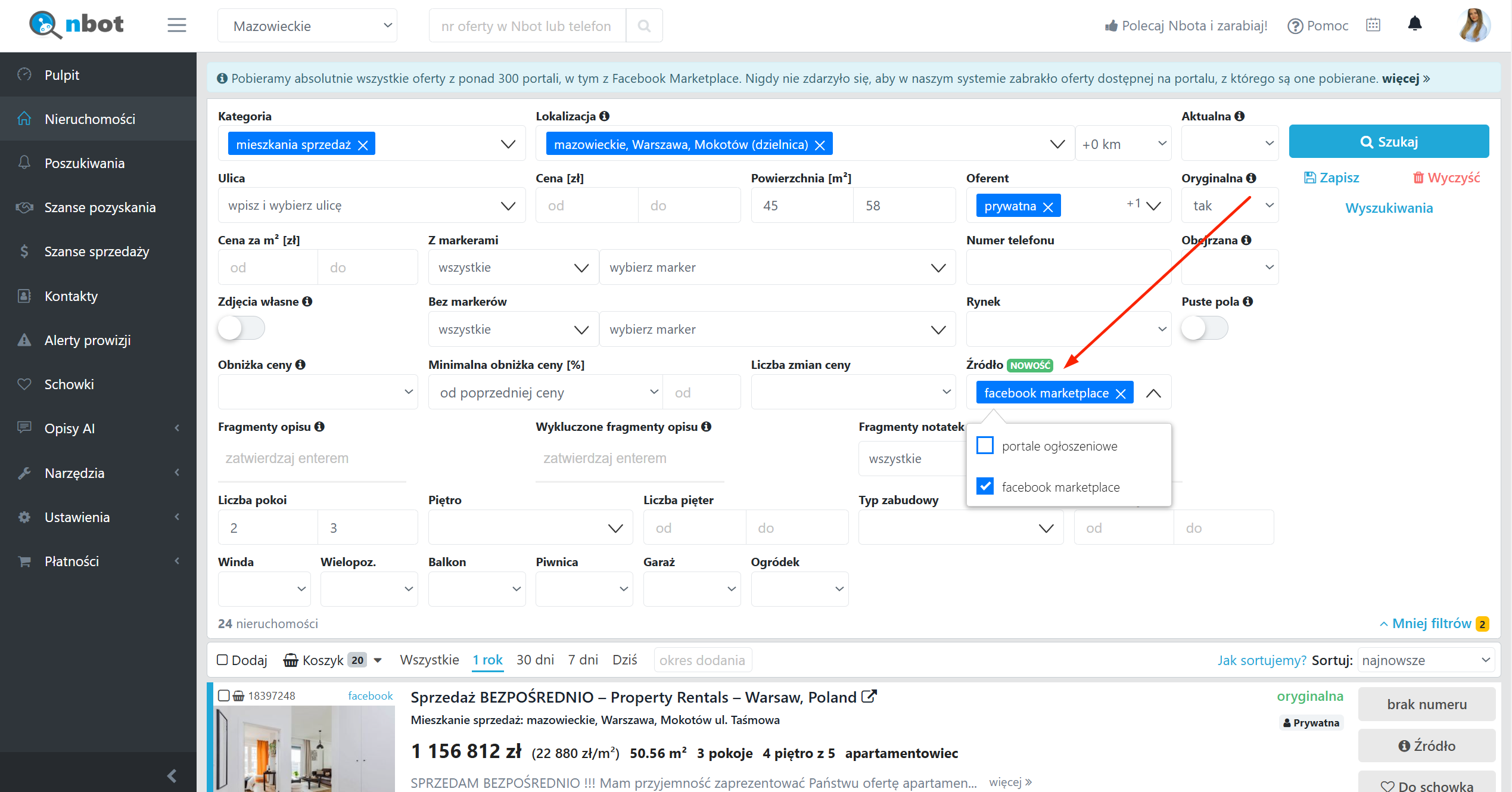 Filtrowanie po portalach i Facebook Marketplace