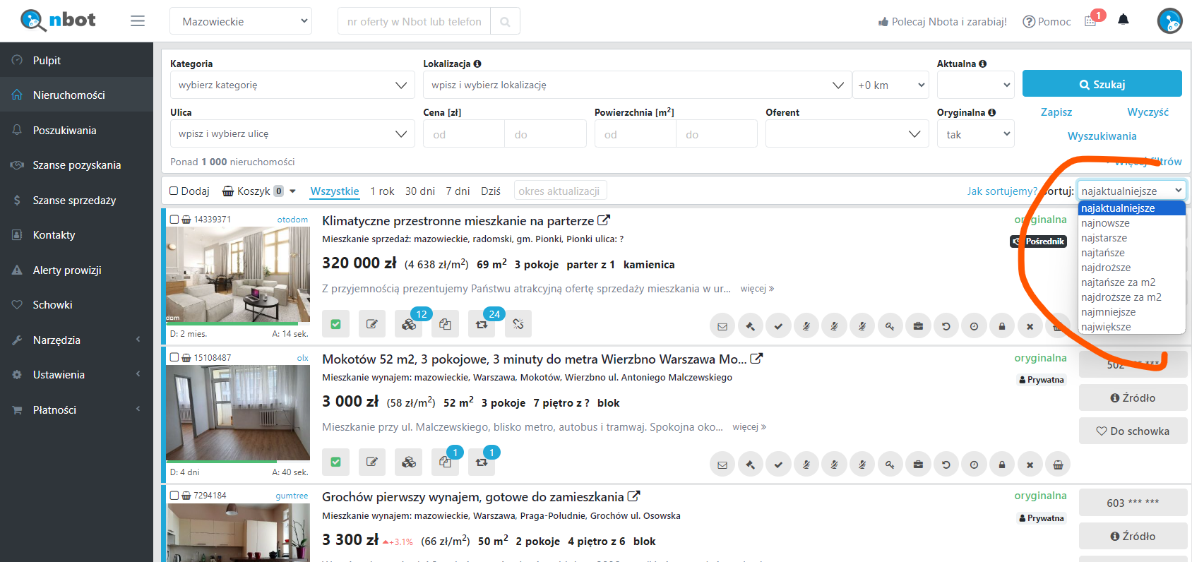 Możliwość sortowania dla wyszukiwań większych niż 1000