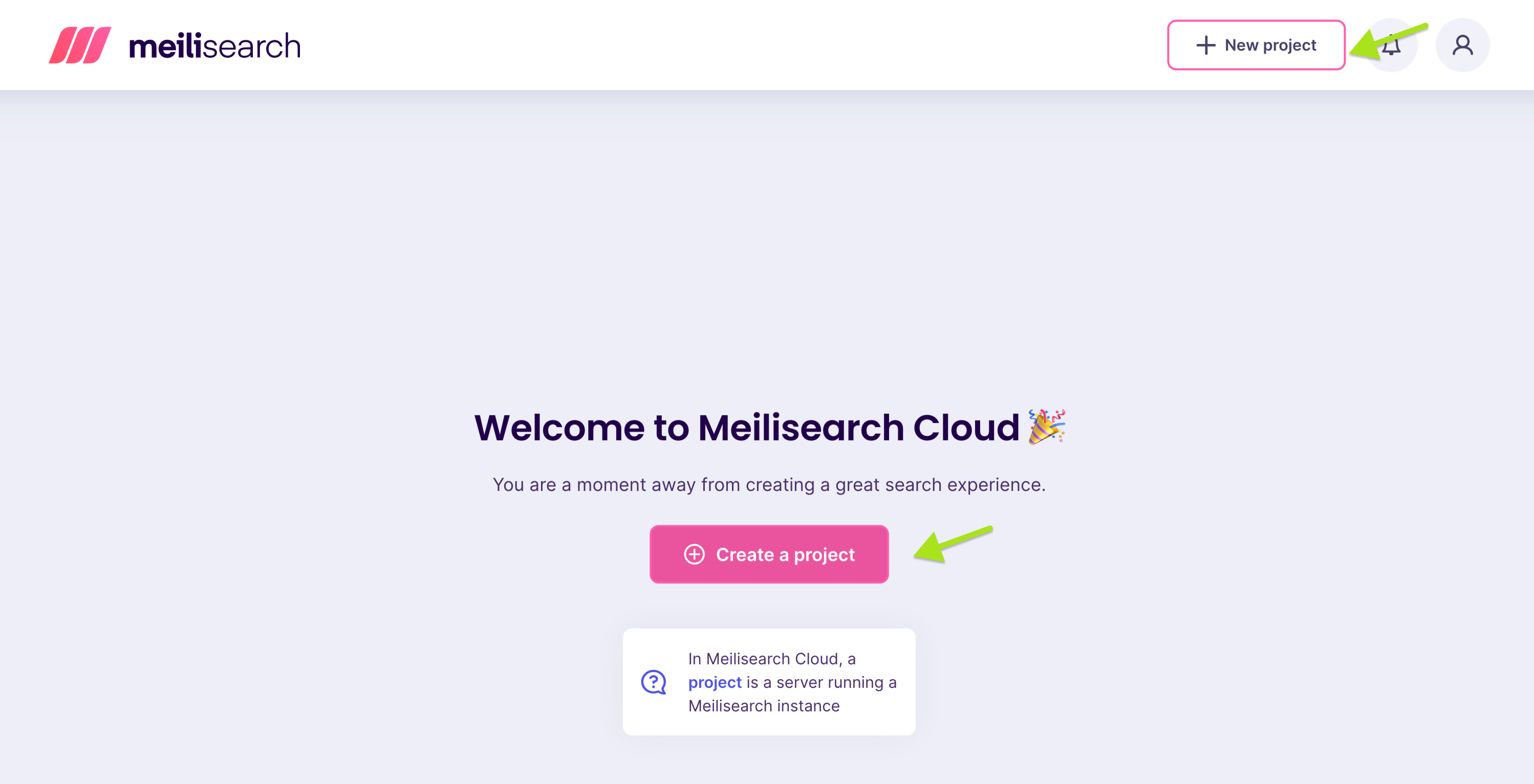 Meilisearch dashboard with buttons to create a new project.