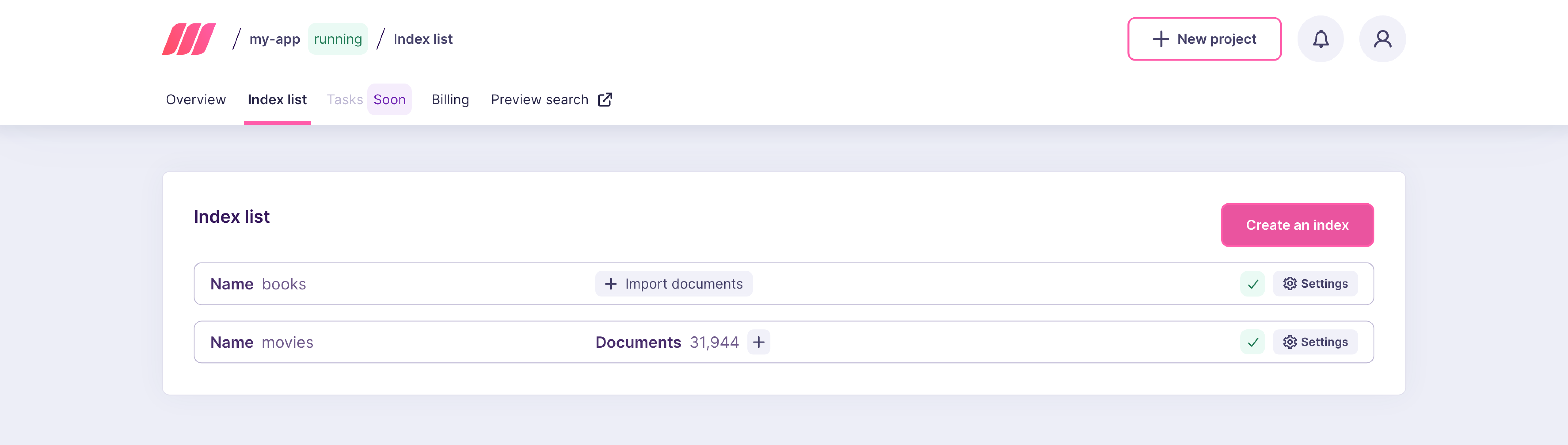 Meilisearch dashboard with the list of indexes.