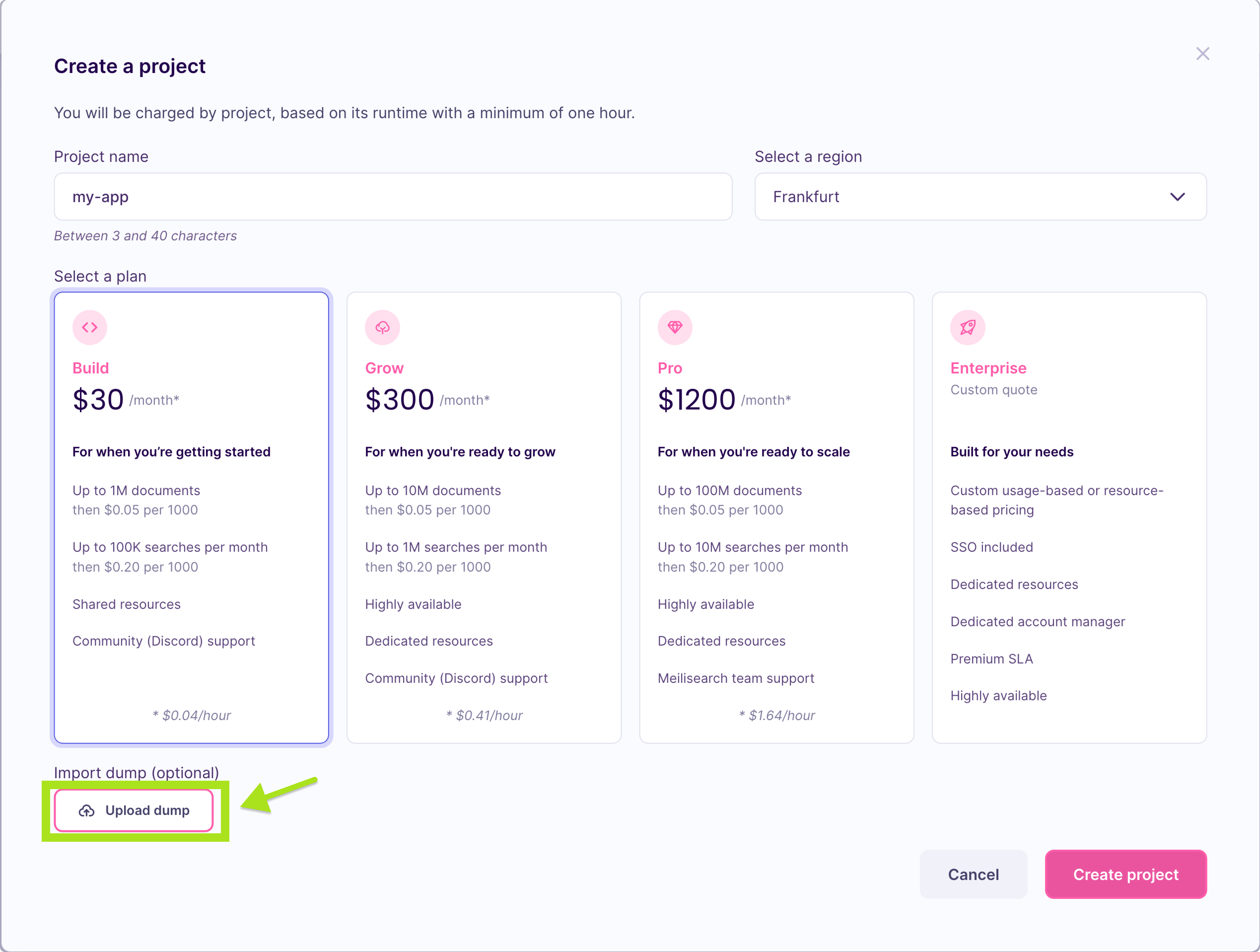 Form to create a new project with a button to import a dump.