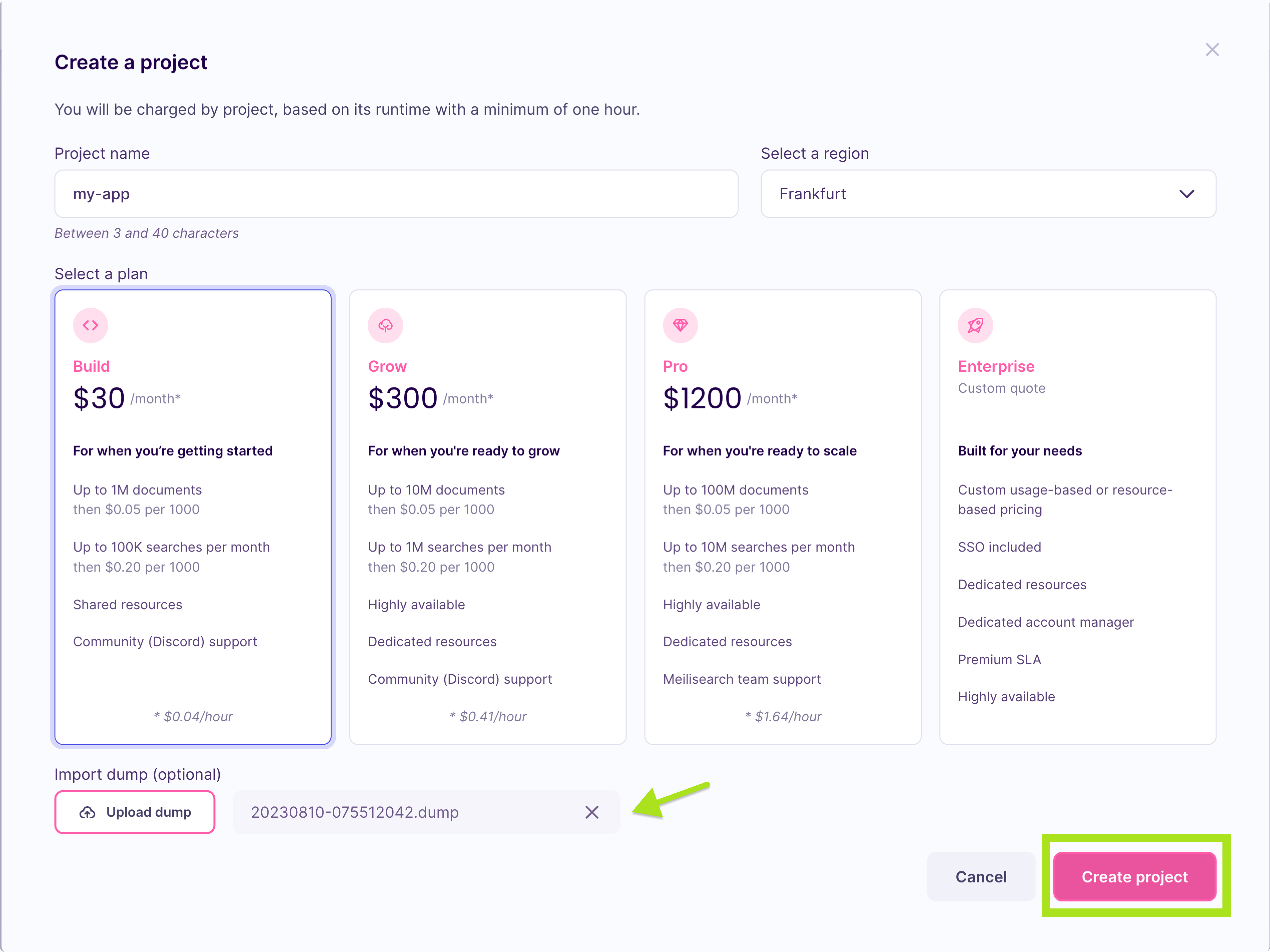 Form to create a new project with the dump file name next to the button to import a dump.