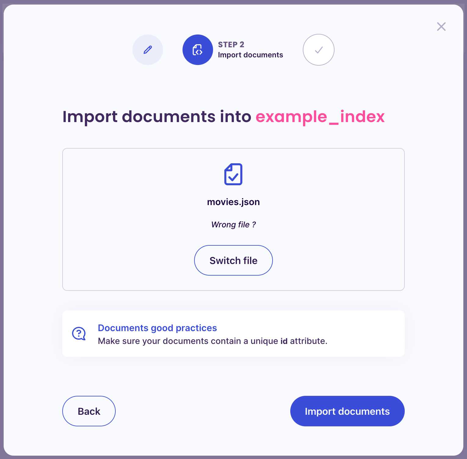 Meilisearch cloud modal showing an uploaded file dialogue