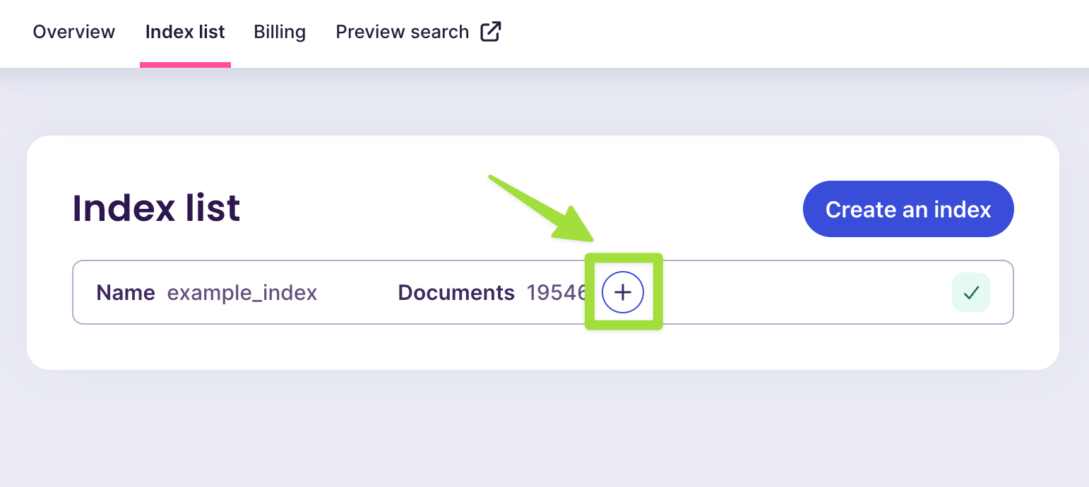 Meilisearch Cloud index list with the "add documents" button highlighted