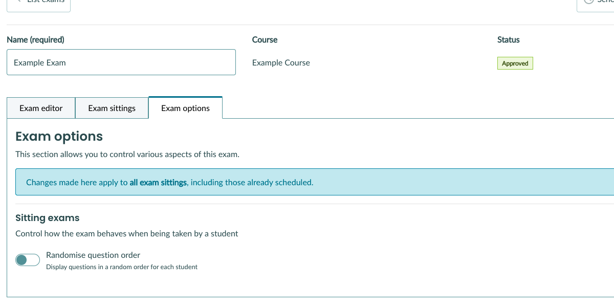 Exam options and Randomise question order