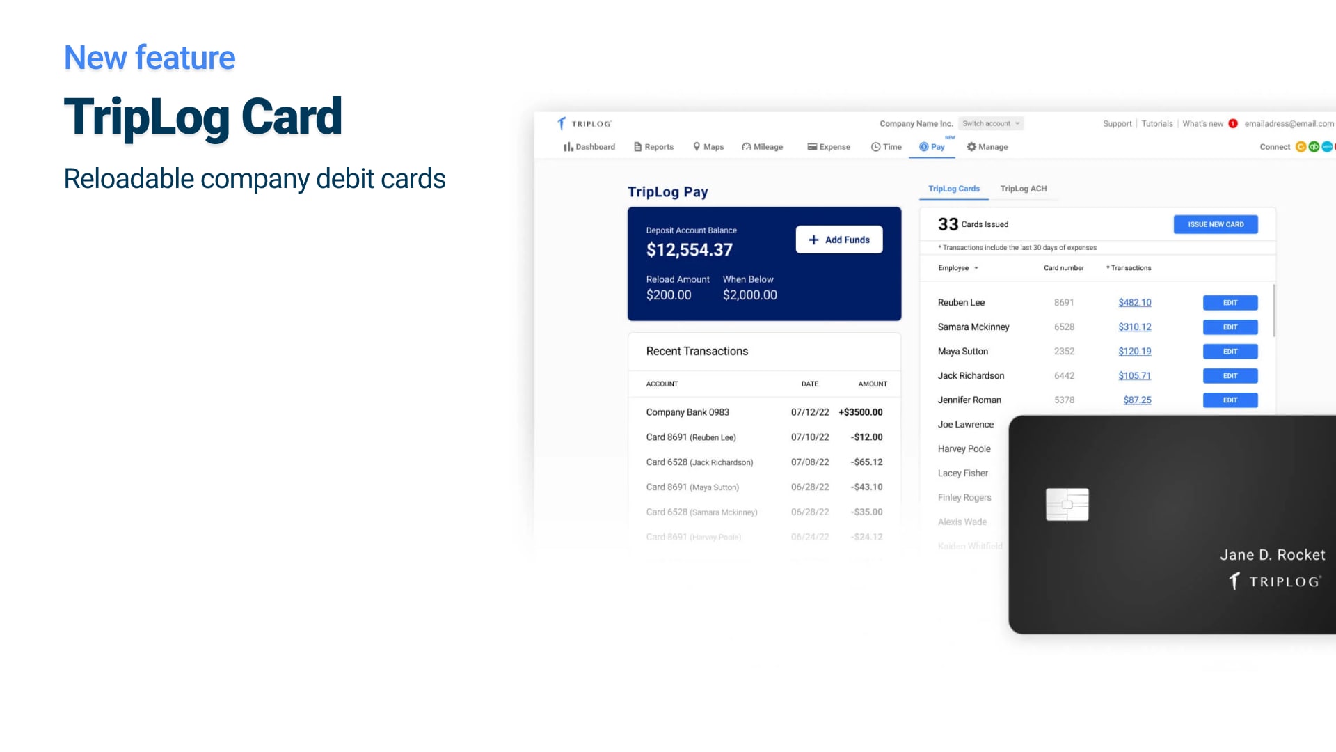 TripLog Card: Reloadable Company Debit Cards