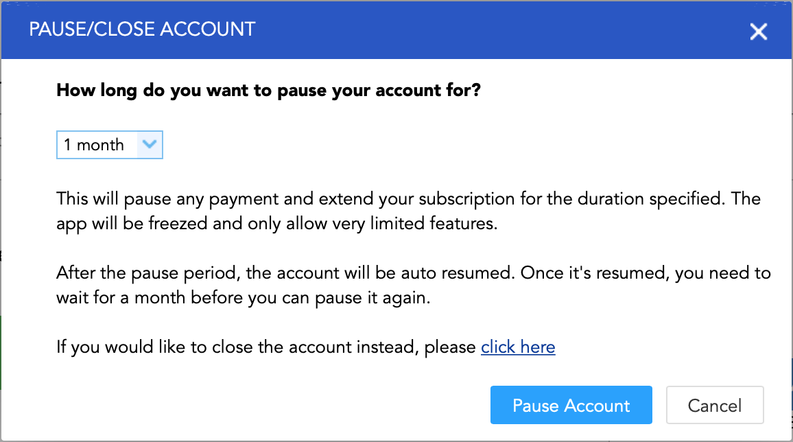 Pause/Resume account and payment