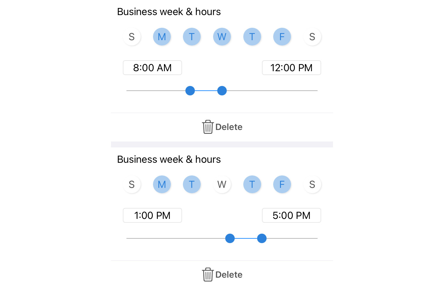 Schedule business week & hours in multiple time slots