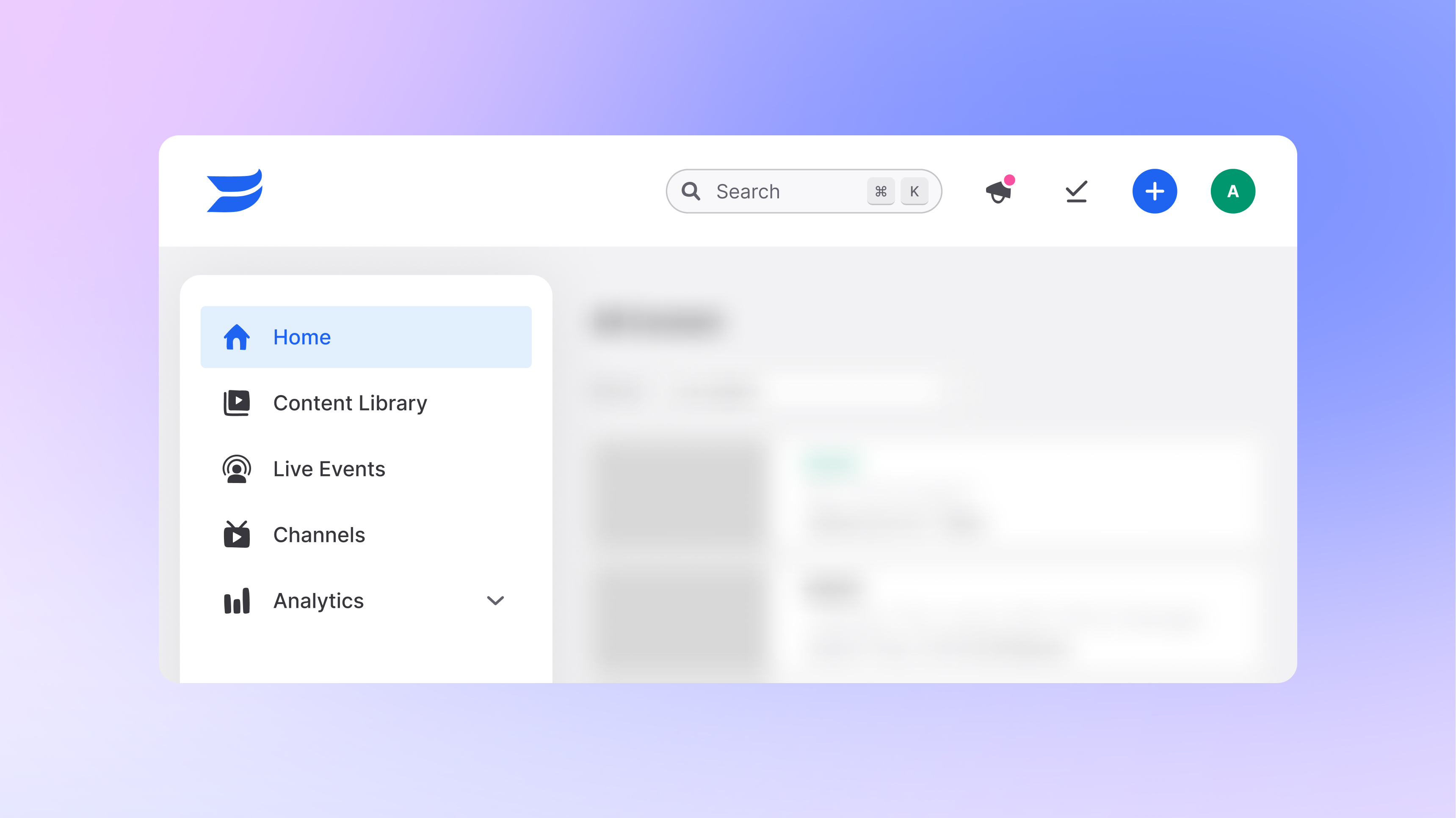 wistia's updated app navigation featuring links to home, content library, live events, channels, and analytics