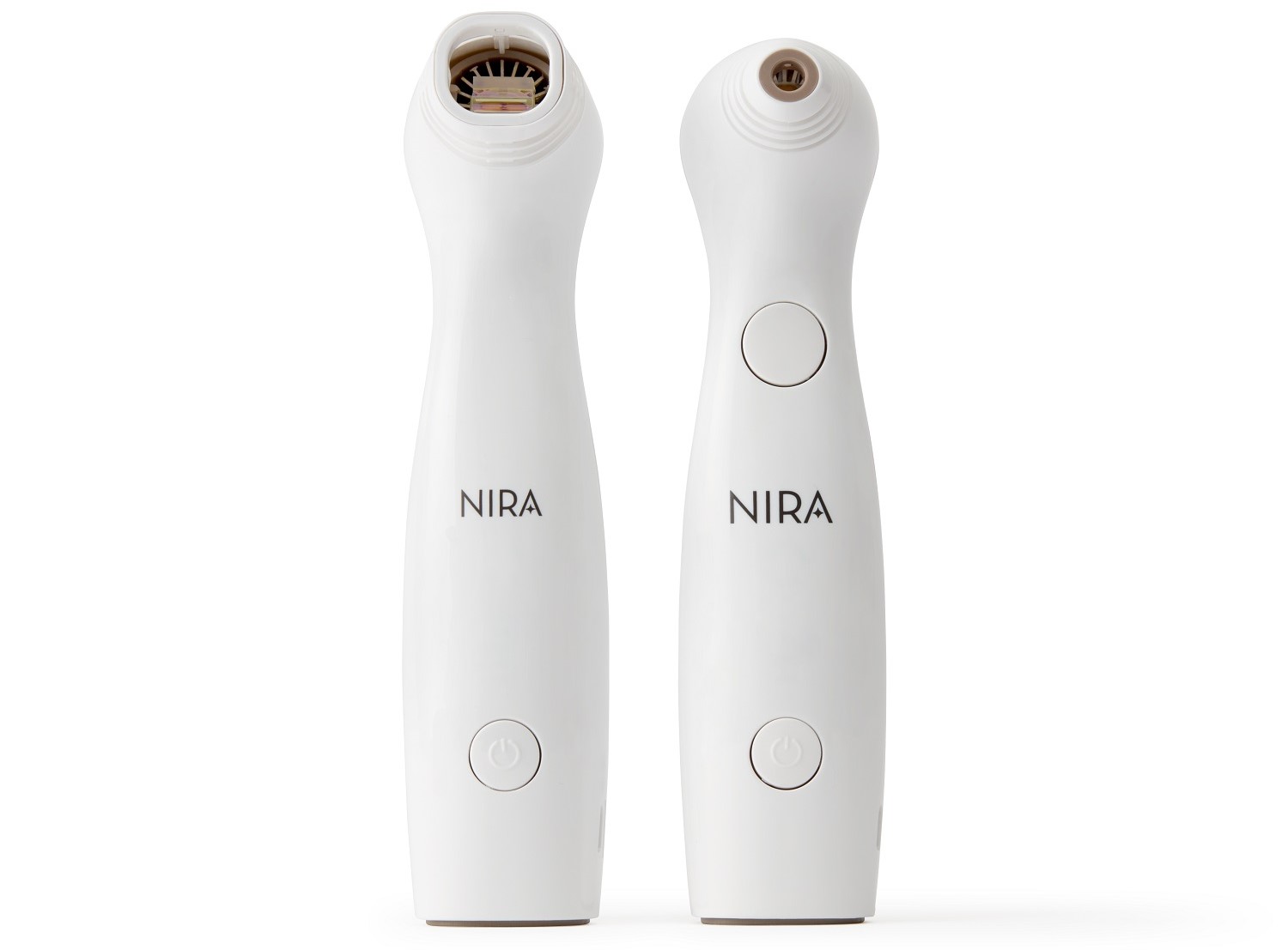 NIRA laser skin care device shown from two angles, displaying the treatment tip and power button.