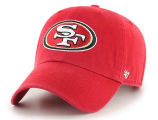 Red curved-brim baseball cap with San Francisco 49ers logo on front and white side branding.
