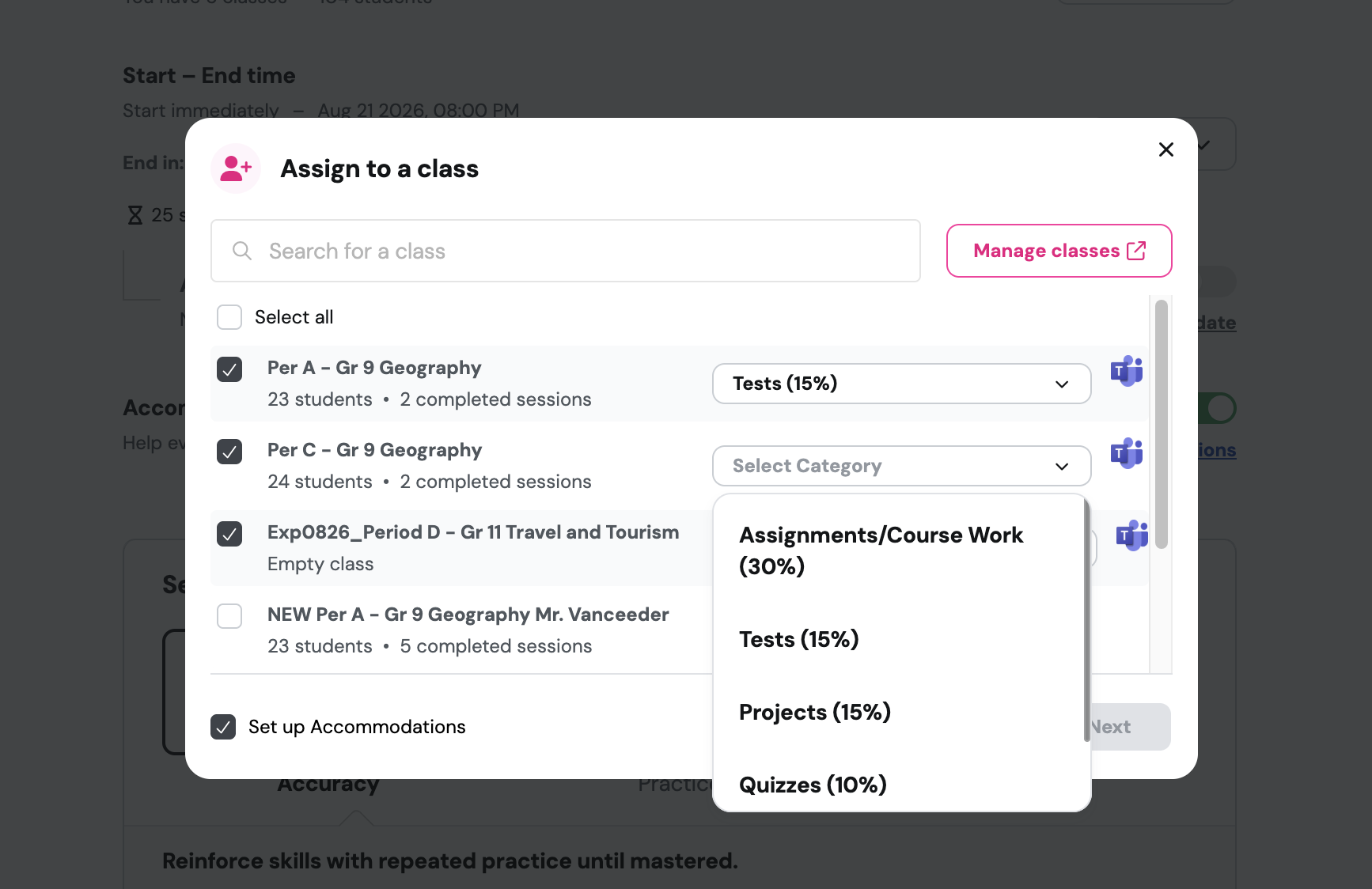 Choose the Microsoft Teams grading category each assignment counts toward