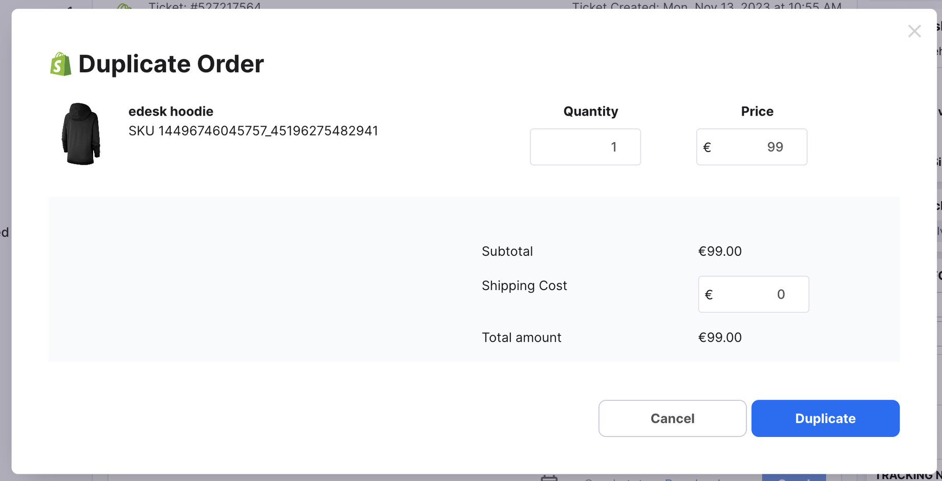 Shopify duplicate order action