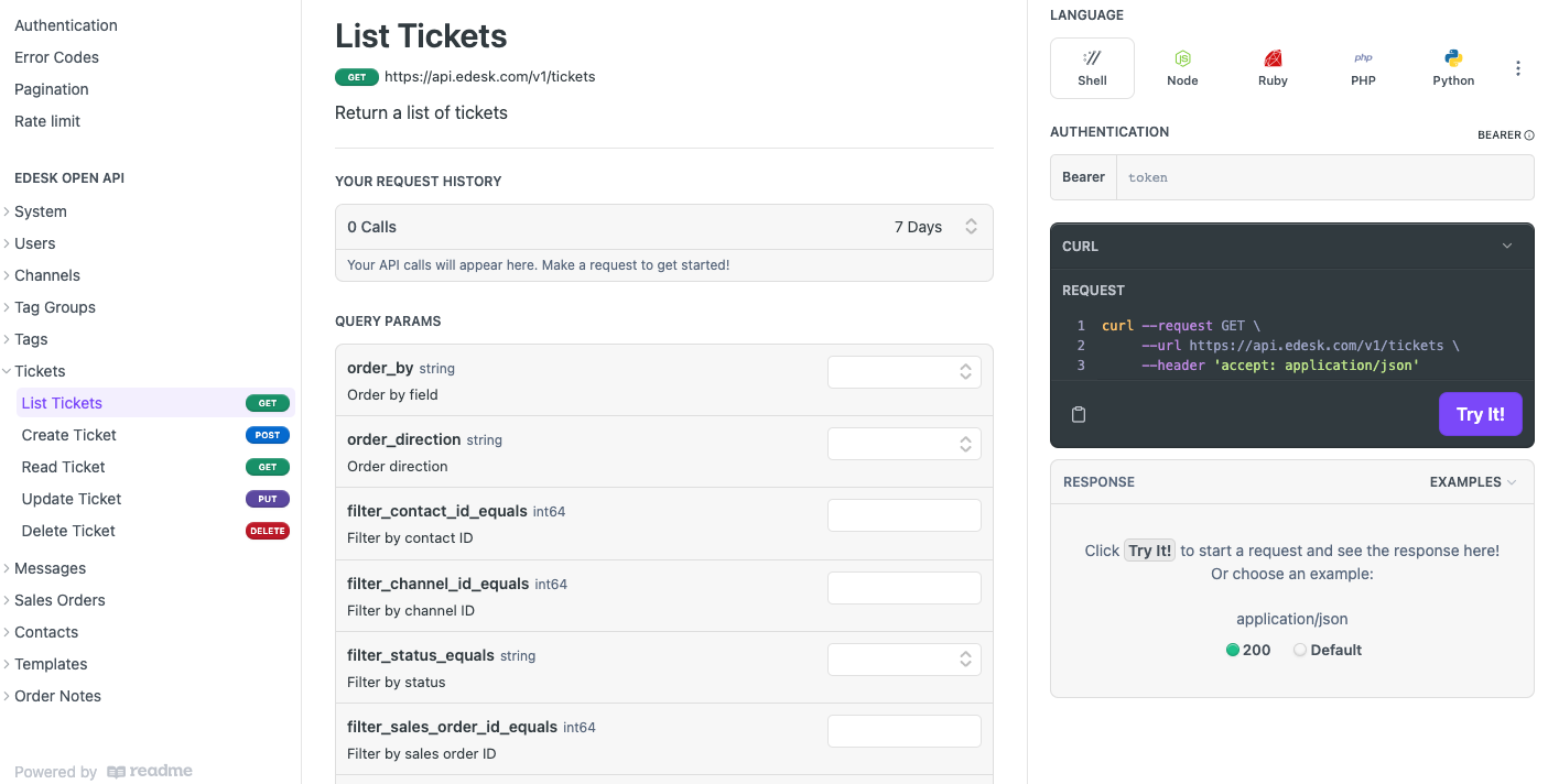 eDesk API "List Tickets" has filtering options