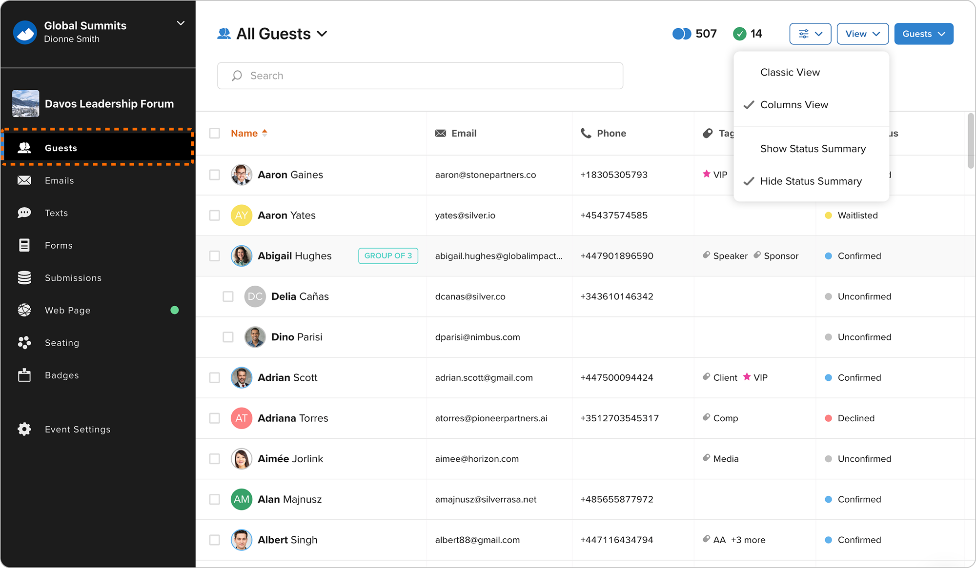 Guests Section Redesign with Columns View